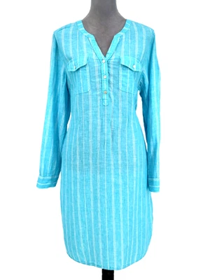 Vestido Talbots Mujer Grande Azul Blanco Rayas Lino Cinturón Bolsillos Playa Resort Foto 1 de 4