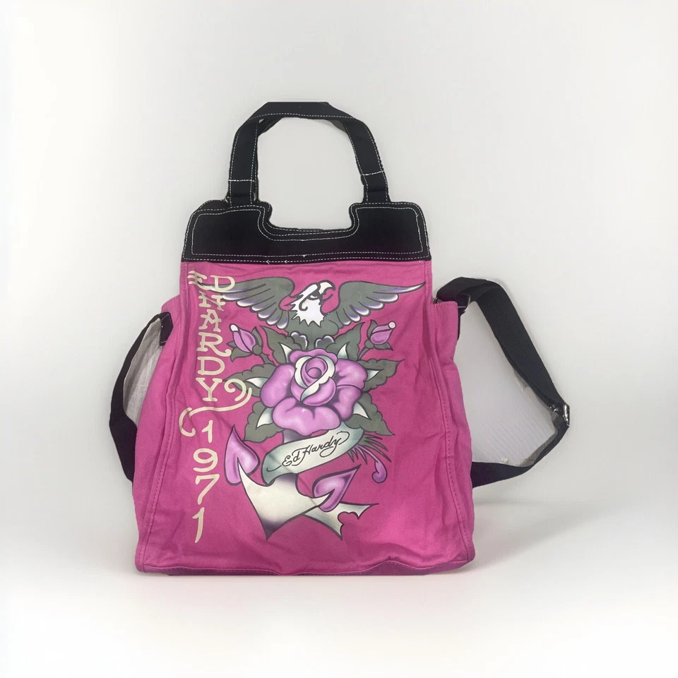 Vintage Don Ed Hardy Floral Rose Graphic Canvas Shoulder Tote Bag Purse Woman’s - Image 1 of 4