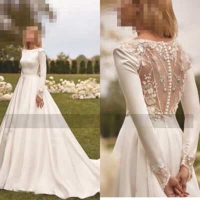 Satin Wedding Dresses Long Sleeve A-Line Illusion Sequin Backless Bridal Gowns - Image 1 of 4