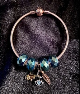 Brazalete Brazalete Europeo Espiritual/Protección Oro Rosa con Dijes Azules 6.5cm-0131 - Imagen 1 de 8