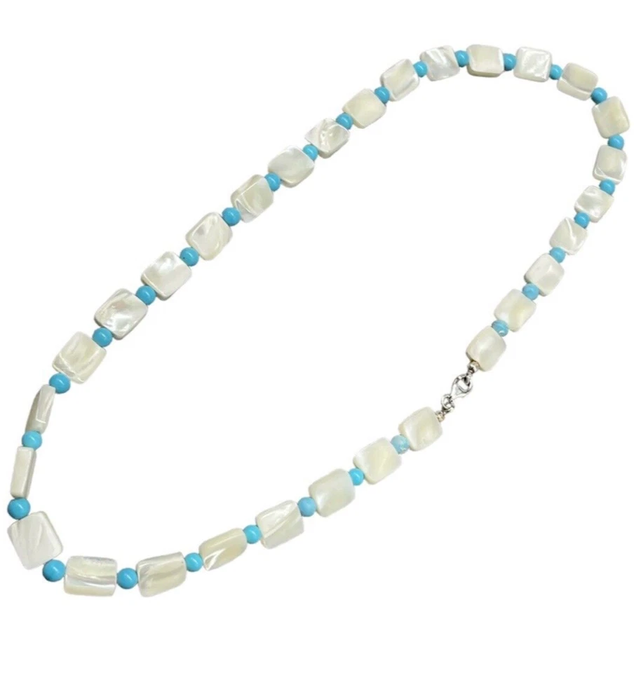 Collana donna vintage elegante blocchi in madreperla perle turchese argento 925. - Immagine 1 di 4