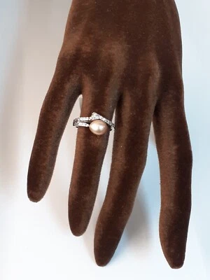 anello argento 925 rodiato anallergico zirconi bianchi perla rosa misura 15 - Immagine 1 di 3