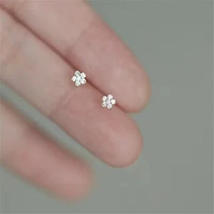 Tiny Flower Stud Earrings Small Cubic Zirconia Helix Cartilage Ear Piercing Gift - Picture 1 of 21