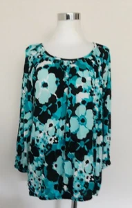 Michael Kors Women's Petite Scoop Neck Elastic Hem Blouse Floral Blue Black PL - Picture 1 of 5