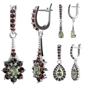 Chandelier Silber Ohrringe mit böhmischen Granaten und Moldaviten 925, 22K, Ag+Rh - Bild 1 von 44