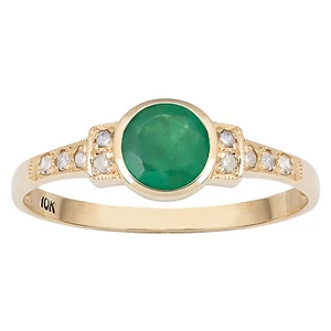 Anillo de diamantes y esmeralda redonda genuino de oro amarillo de 10 K estilo vintage - Imagen 1 de 5