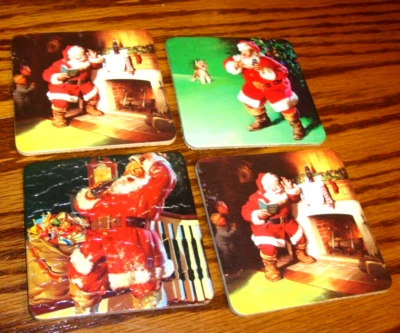 (4) Vtg Coca-Cola~Santa Claus Coasters w/Cork Back~Christmas Home Bar Decor  725 - Image 1 of 2