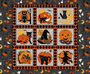 Henry Glass - No Tricks Just Treats - 36.25" Halloween Block Panel - Gray/Orange - Picture 1 of 5