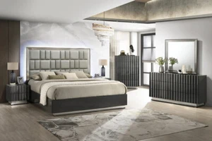 NEW Modern LED 5PC Gloss Black Silver Queen King Contemporary Bedroom B/D/M/N/C - Picture 1 of 9