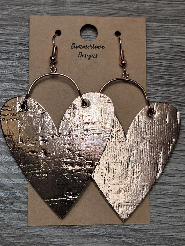 Pendientes Corazón Corcho Respaldo Cuero GENUINO Metálico Oro Rosa 3.5" Foto 1 de 1