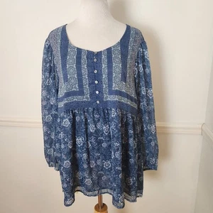 Lucky Brand Shirt Size 2X Womens Blue Babydoll Casual Top Boho Floral Geometric - Picture 1 of 12