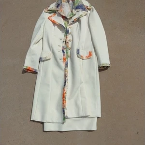 Lilli Ann Knit Vtg. Cream Mod Long Jacket Coat Matching Dress Lined Medium - Picture 1 of 14
