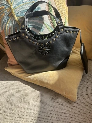 MAXX NEW YORK black leather handbag purse. Leather cutouts, brass studs - Image 1 of 4