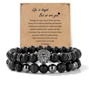 2pcs/set Natural Stone Lion Bracelet Black Onyx Hematite Volcanic Beads Bracelet - Picture 1 of 17