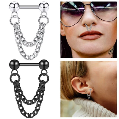 1PC Double Chain Septum Nose Rings 316L Steel Cartilage Daith Ear Piercing 16G - Image 1 of 4