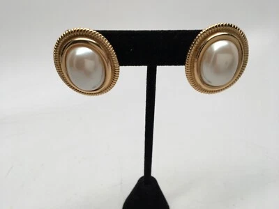  SIGNED GIVENCHY OVAL GOLD PLATE ROPE DESIGN FAUX PEARL CABOCHON PIERCED EARRING - Image 1 of 4