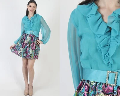 Vintage 60s Psychedelic Print Dress Teal Chiffon Sheer Mod Cocktail Party Mini - Image 1 of 4
