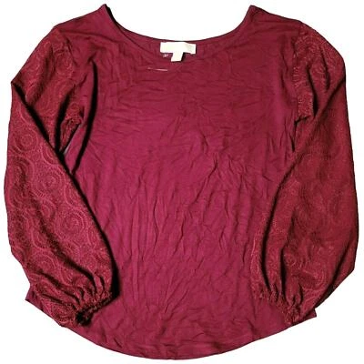 MICHAEL Michael Kors Top XS Maroon Burgundy Balloon Sleeve Round Eyelet - Image 1 of 4