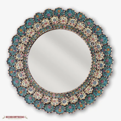 Decorative Round Mirror living room wall art -Peruvian Painted Glass Mirror - Image 1 of 4