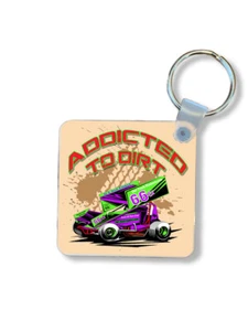 Sprint Auto Schlüsselanhänger mit Farbstoff sublimiertes Bild eines Autos und süchtig nach Schmutz - Bild 1 von 3