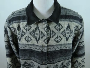 Vintage Womens Woolrich Wool Geometric Winter Coat Leather Trim Jacket Large USA - Picture 1 of 12