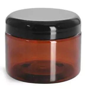 Lot of 22 - 6 oz Amber Plastic Jars with Black Domed Lined Lids - Picture 1 of 7