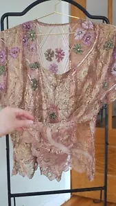 Antique 1930's floral rose & gold lace w silk flowers & beads - L -B 44" W: 34" - Picture 1 of 24