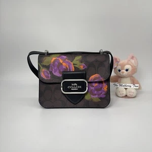 Coach Morgan Square Flap tracolla firma logo viola rosa stampa floreale nuova con etichetta - Foto 1 di 12