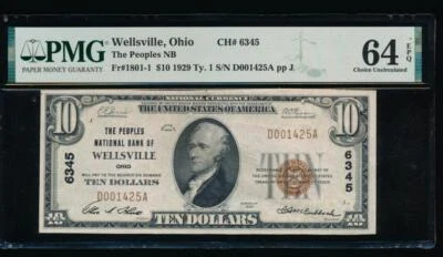 AC 1929 $10 Peoples National Bank of Wellsville, Ohio ch# 6345 PMG 64EPQ! - Image 1 of 2
