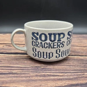 SOUP and Crackers Mug Stoneware Gray Speckled Blue Letters Vintage - Picture 1 of 5
