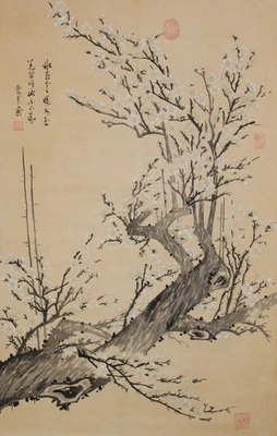 Pintura de tinta de pergamino colgante japonesa vintage de flores de ciruelo Sumi-e k043 Foto 1 de 4