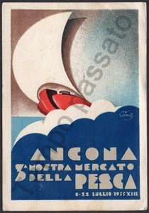 Cartolina di Ancona, Mostra mercato della pesca - 1935 / illustratore Schiroli - Foto 1 di 2