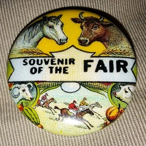 SOUVENIR of the FAIR Old Pinback Pin COW SHEEP HORSE RACING Brockton MA - Picture 1 of 7