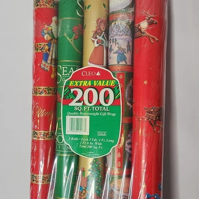 Vintage 90s CLEO Christmas Wrapping Paper 5 Rolls 200 sq ft NEW Santa Carolers - Image 1 of 4