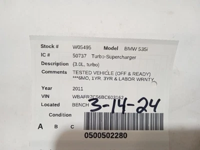 Turbo/Supercargador 3.0L Turbo AWD Se adapta a BMW 535i GT 1995417 10-17 Foto 1 de 4