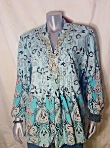 JM Fancy Pattern Beading Tunic Blue Turquoise New W/Tag!-U.S Domestic Shipp only - Picture 1 of 4