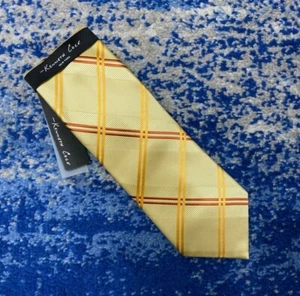 NEW Kenneth Cole Yellow Gold Rust Bias Plaid Handmade Silk Necktie - Picture 1 of 5