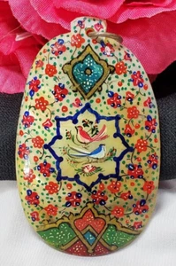 Vintage Gold Persian Hand Painted Birds Mother of Pearl Necklace Pendant - Picture 1 of 6