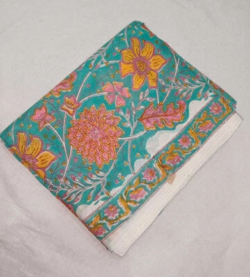 Indian Handmade Green Hand Block Print Running Cotton Voile Fabric By The Yard - Image 1 of 4