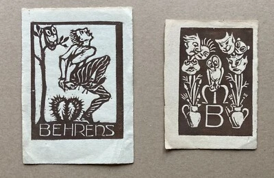 2 Holzschnitte Behrens Stettin Mann mit Kaktus Eule Masken Krug mit Pinseln - Bild 1 von 4