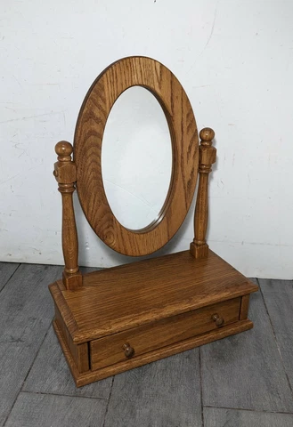 Vintage Rustic Oak Wood Swivel Vanity Shaving Dresser Mirror w Drawer Cover