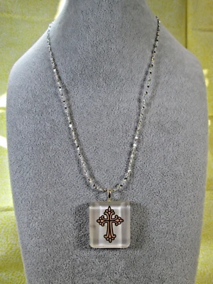 Glass Tile Cross Pendant w/ 20" Sterling Silver Plated Nugget Chain /Religious/C - Image 1 of 4