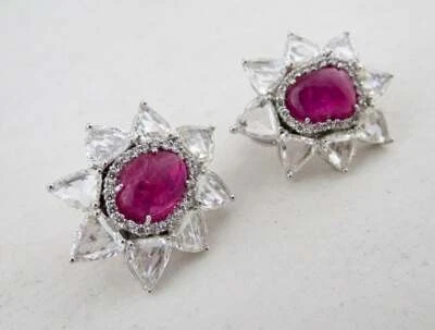 Ultimate Old Burmese Ruby Cabochon Rose cut Clear Cubic Zirconia Stud Earrings - Image 1 of 4