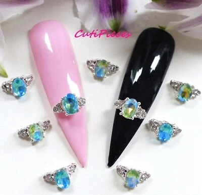 3D NailArt Green Blue AB Iridescent Rhinestone Gem Curved Half Rings Alloy Metal - Image 1 of 4