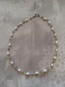 Vintage necklace pink freshwater pearl green faceted crystal beads choker 16" - Picture 1 of 6