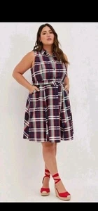 NWT Torrid Sz 2 Red Blue Plaid Poplin Collared Button-Up Sleeveless Shirt Dress - Picture 1 of 9