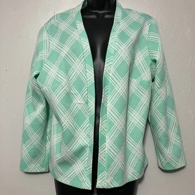 Vintage 1960’s Mint Green Polyester Grid Patterned Cardigan Mod - Image 1 of 4