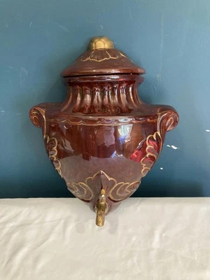 Urna de cerámica vintage decoración de pared con tapa | Borde dorado lustre marrón Foto 1 de 4