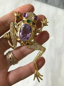 SAZINGG SOLID 18K GOLD DIAMOND  AMETHYST FROG PIN BROOCH 4" - Picture 1 of 11