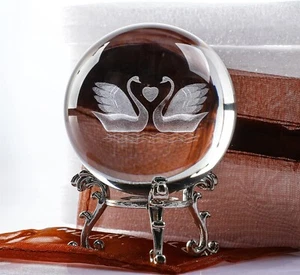 3D Engraving Crystal Double Swan Figurine with Love Heart 2"D x 2.36"W x 1.18"H - Picture 1 of 6